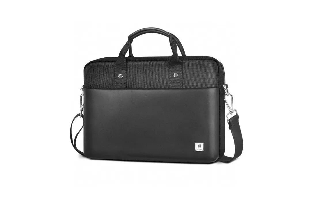 Black Oxford cloth laptop messenger bag with multiple compartments and a lock, shown in 14-inch and 15.6-inch sizes.
