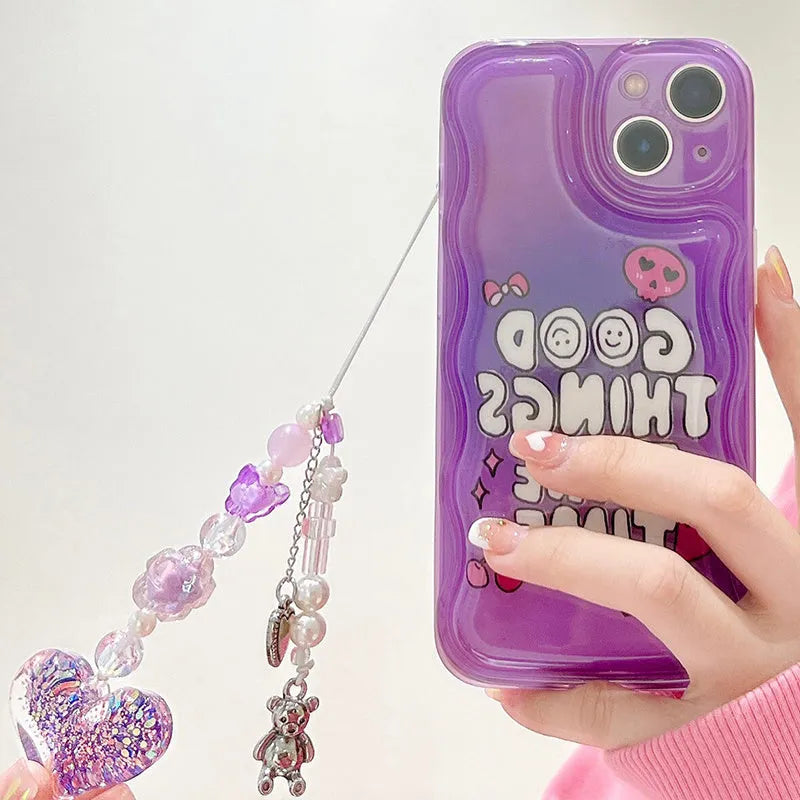 Purple English graffiti love pendant chain on a transparent TPU iPhone case.