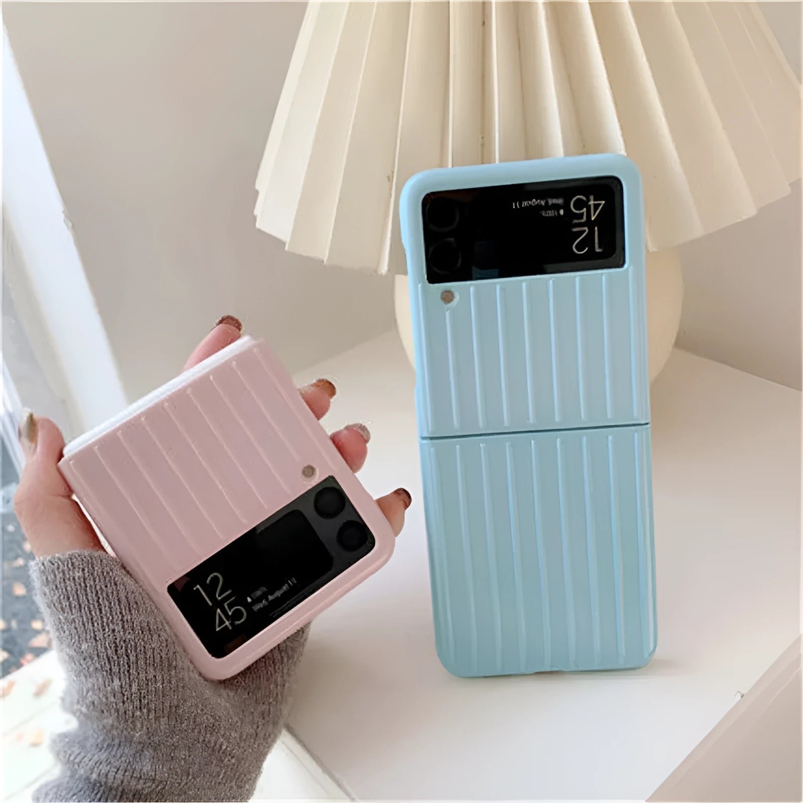 Samsung Z Flip3 flip-type mobile phone case in a choice of seven solid colours showing ultra-thin design.
