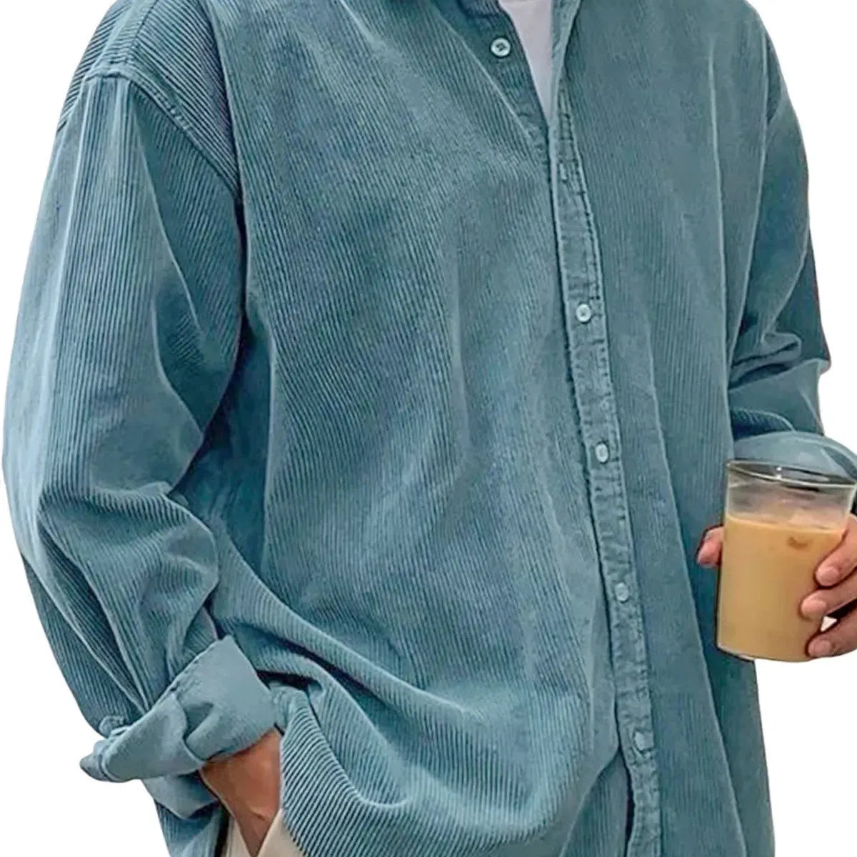 Men's casual loose corduroy shirt jacket in solid colour, cardigan style, autumn winter wear