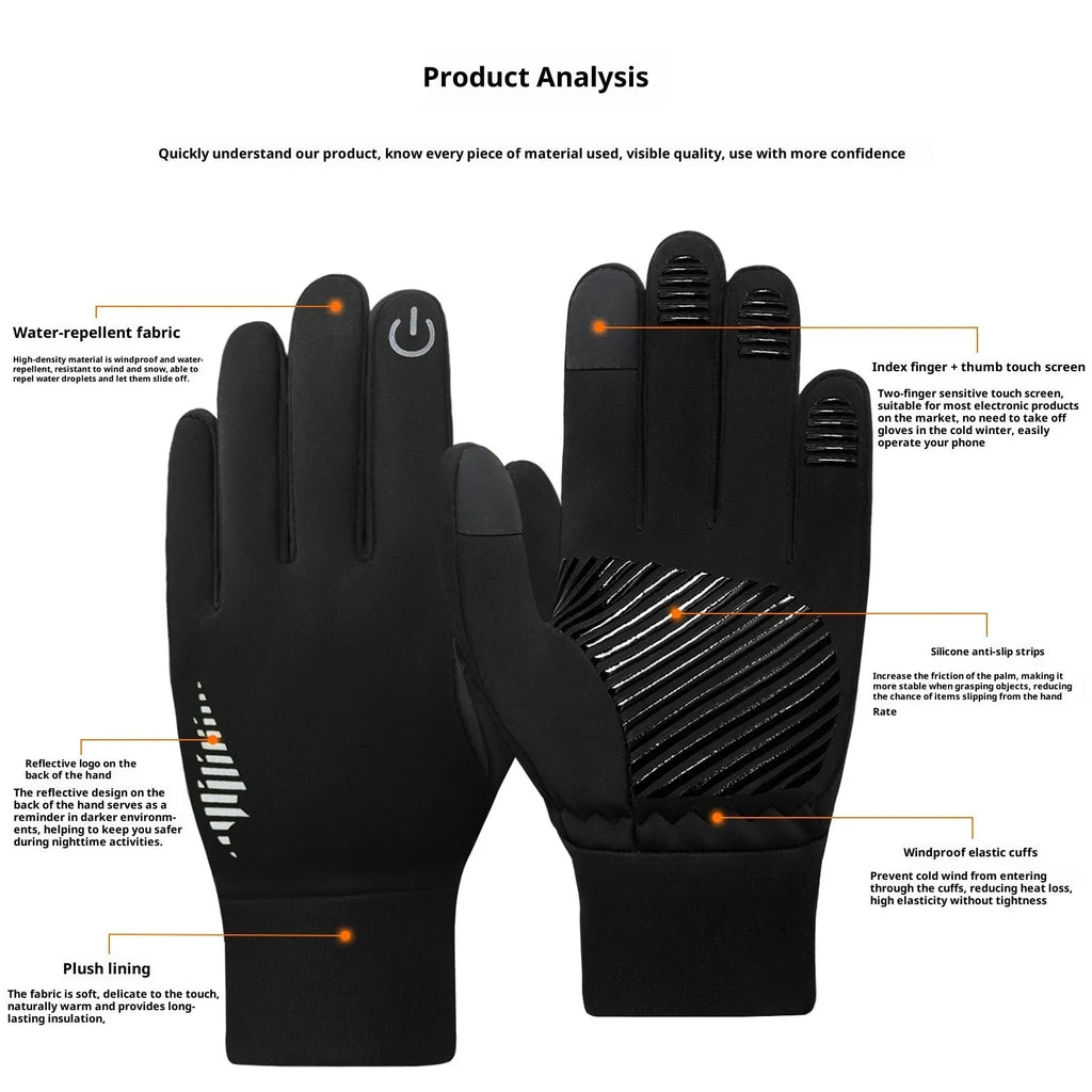 Men's fleece-lined anti-slip thick warm cycling gloves in black, fluorescent yellow, and purple on a white background