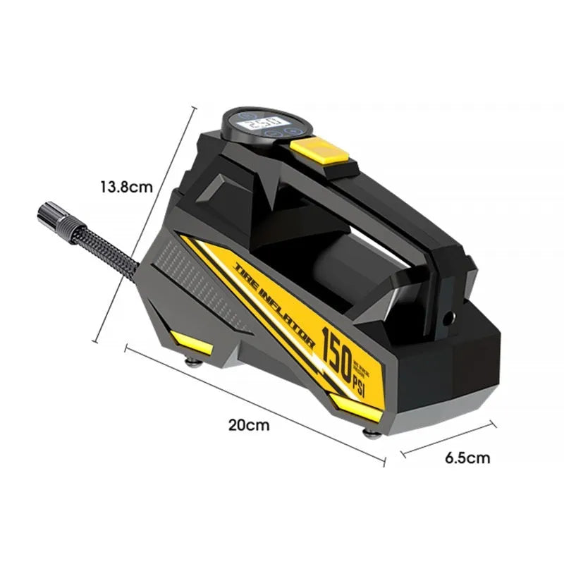 Black portable digital tyre inflator with LED light and display, connected to a car tyre valve.