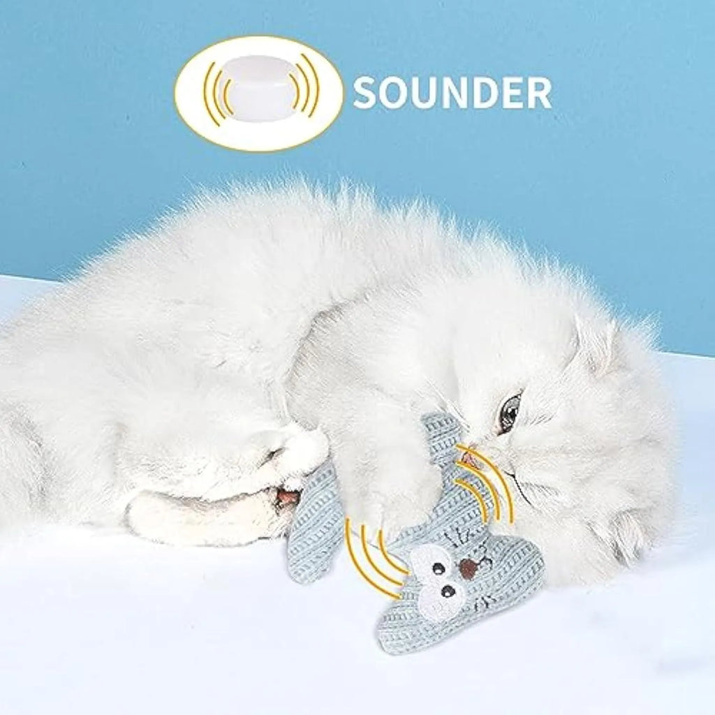 Cyan and light coffee plush cat toys with a rope design on a white background.