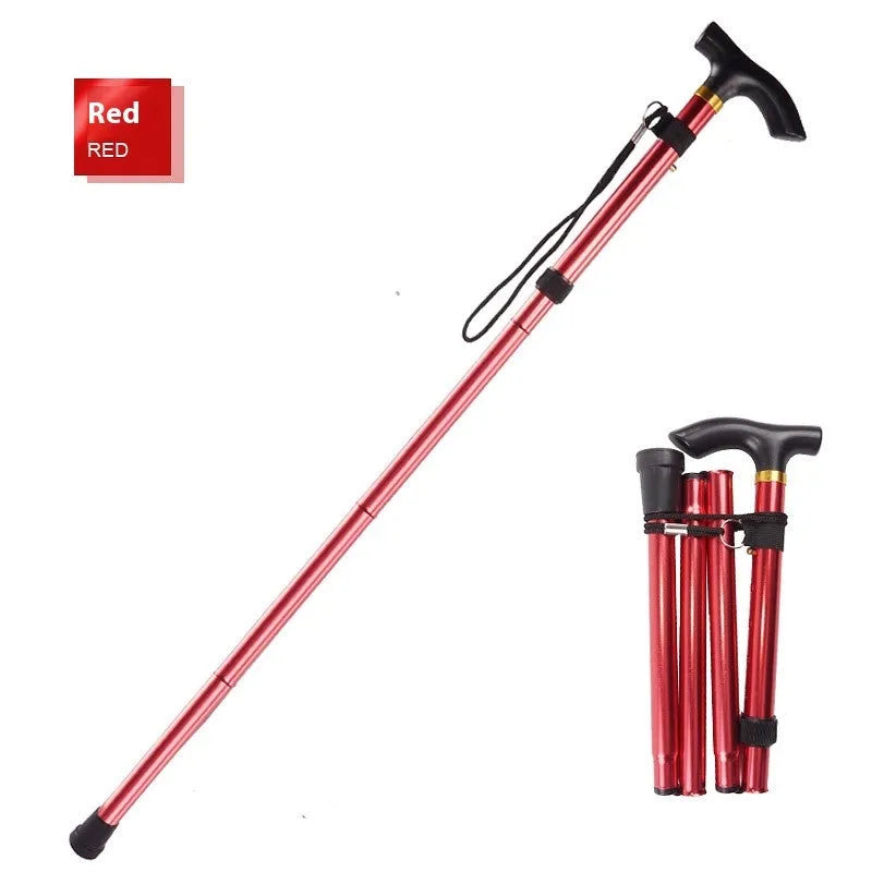 Adjustable aluminium folding cane in multiple colours, shown extended and folded.
