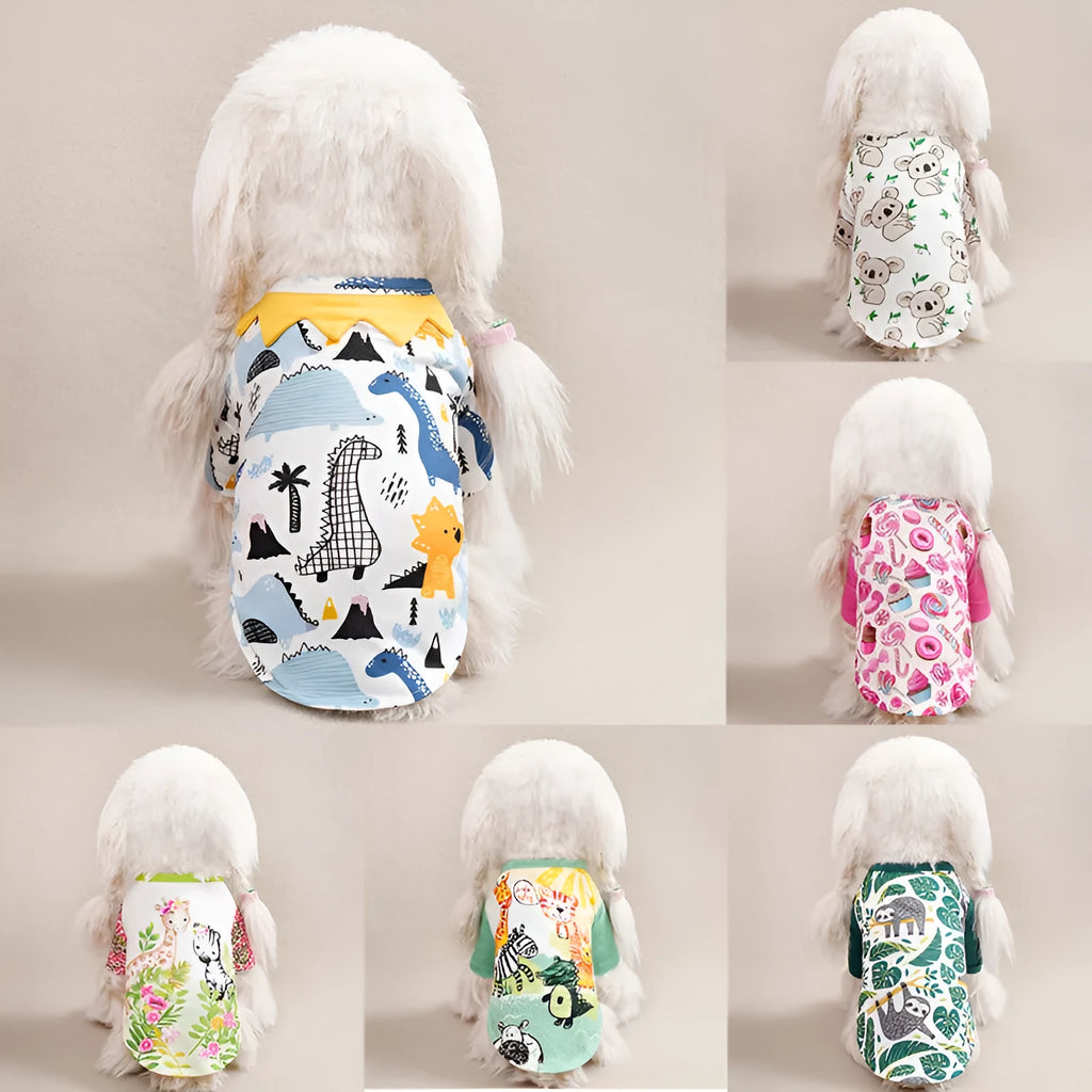 Colourful printed dog t-shirt on a small dog, showing the casual fit and full graphic design.
