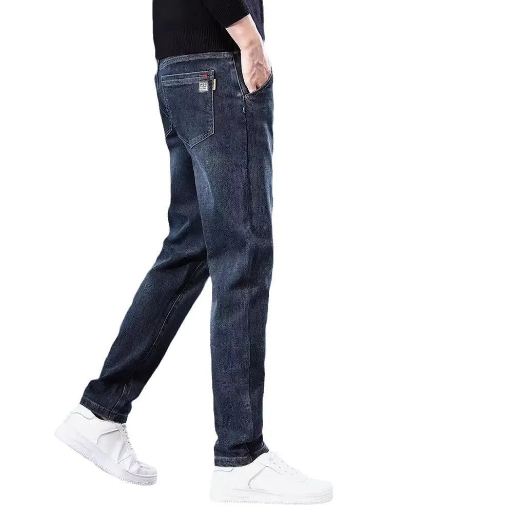 Men's slim straight casual trousers in thin polyester fabric shown in black and blue-grey colour options