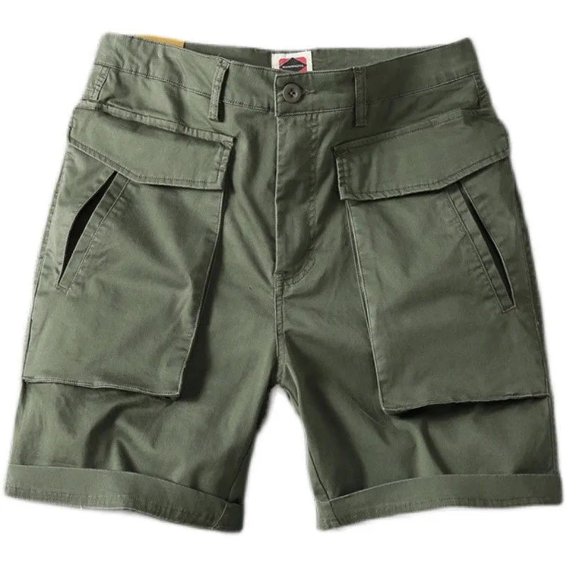 Men's straight-leg cargo shorts in Army Green with multiple pockets, made from stretch cotton fabric.