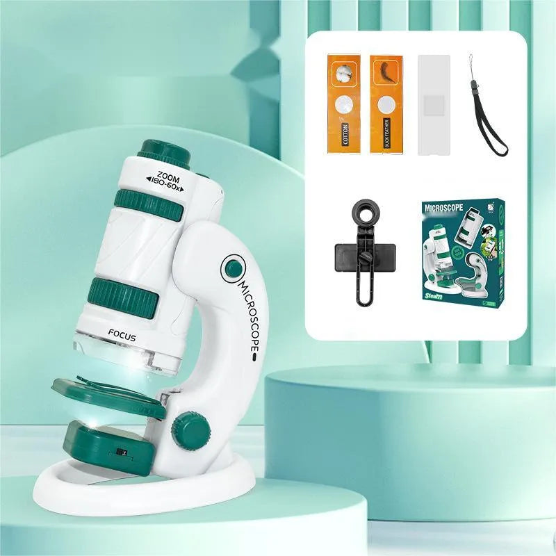 White and green portable microscope set with specimen slides for science education.