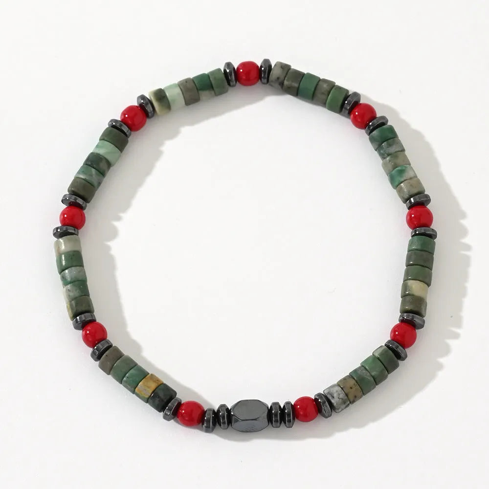 Men's bohemian bracelet with cylindrical semi-precious stone beads on a hand-woven cord.