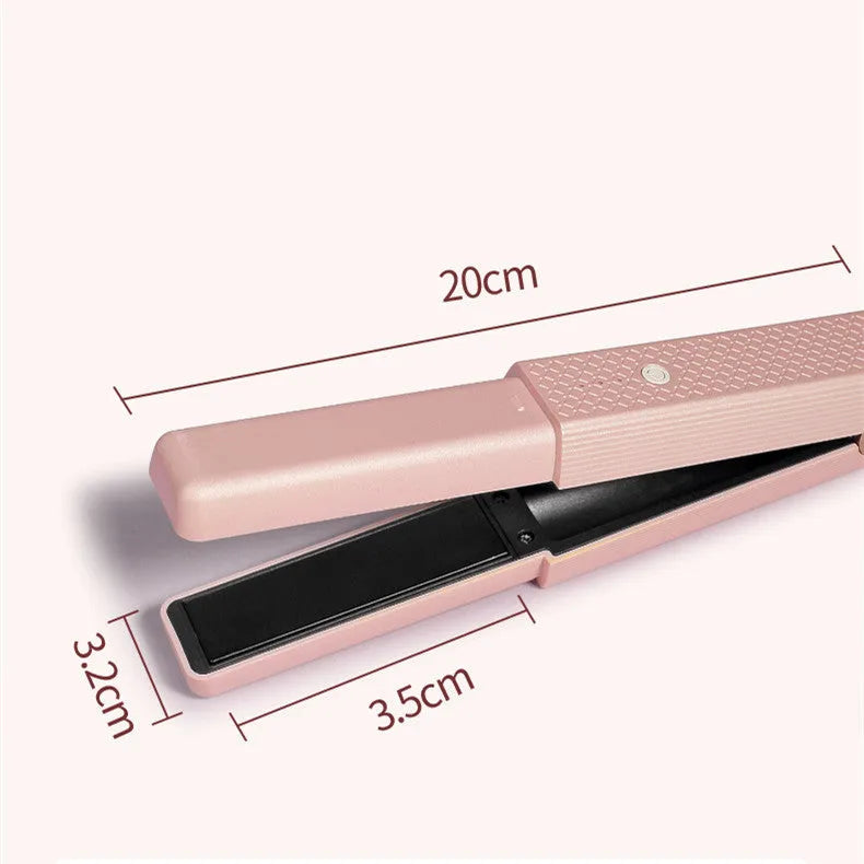 Pink and green cordless USB hair straightener with ceramic plates and digital temperature display