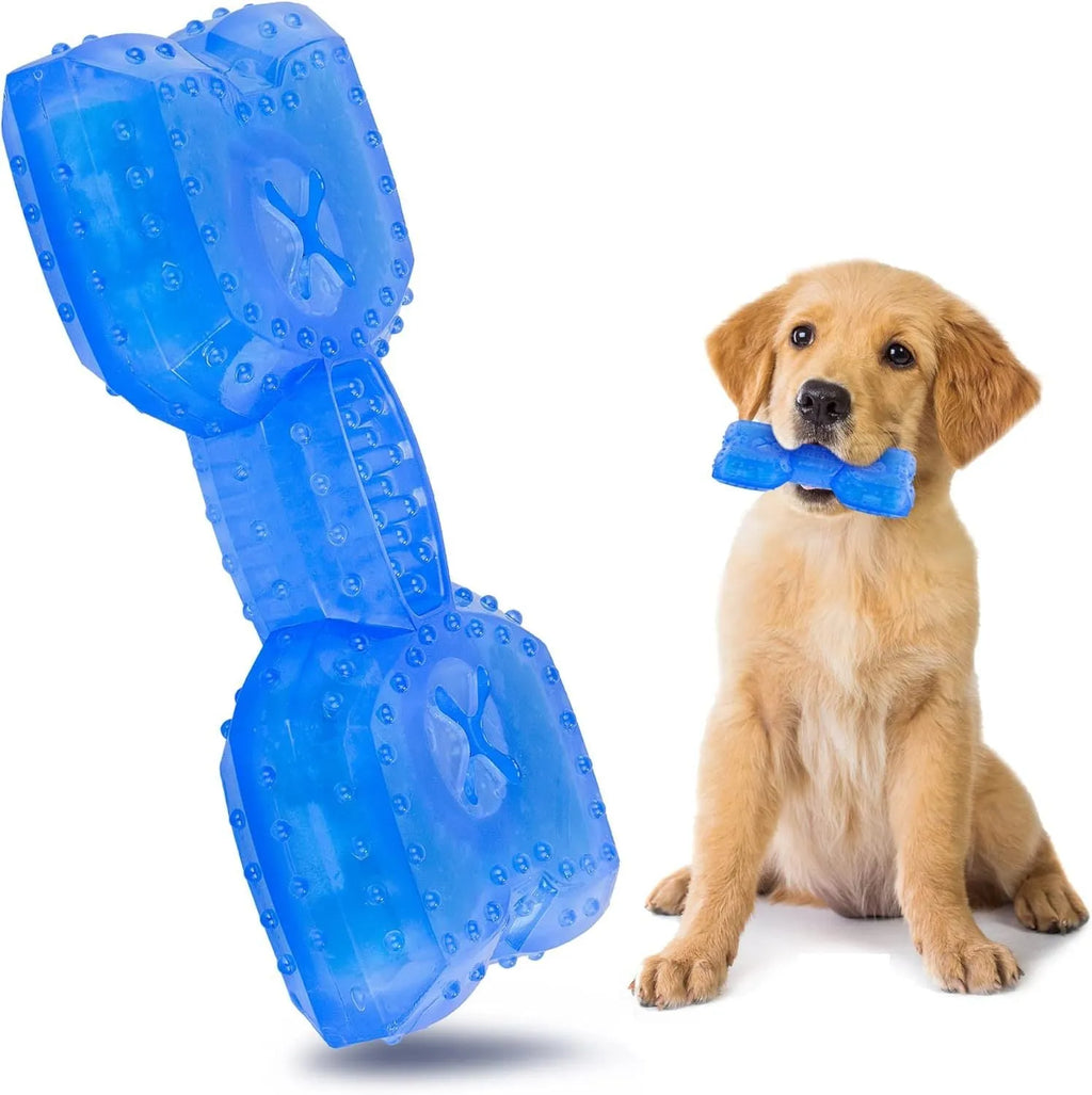 A freezable bone-shaped dog chew toy designed for cooling, teething, and dental care.