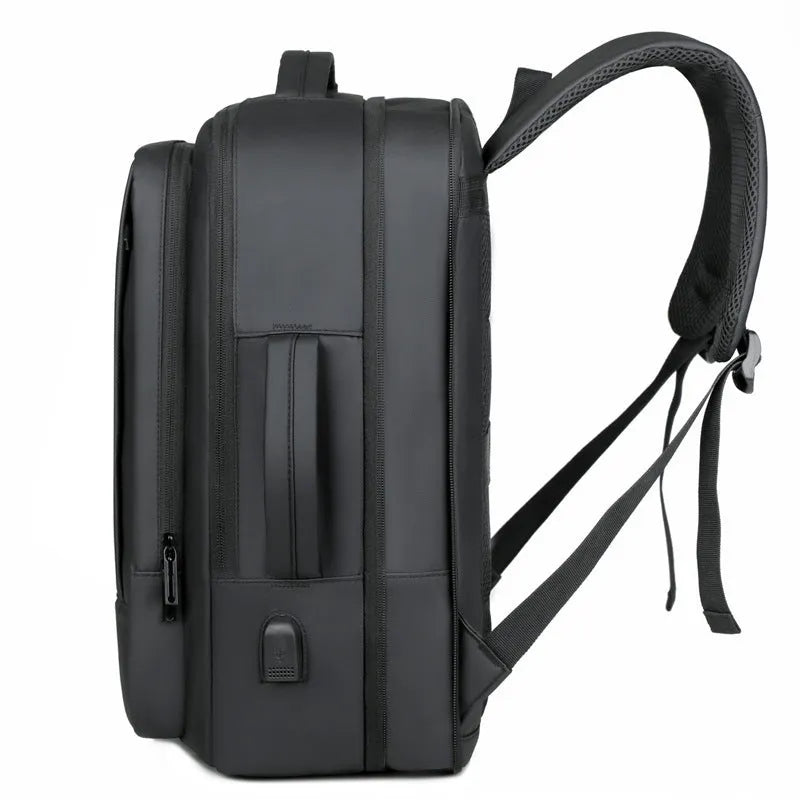 Black large capacity Oxford cloth men's backpack with curved shoulder strap, shown for business and travel use.