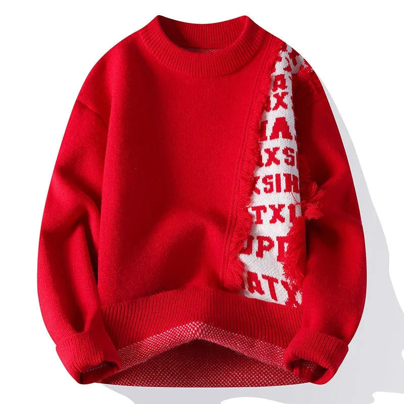 Men's loose-fit knitted pullover with ribbed hemline in black, grey, red or white colours