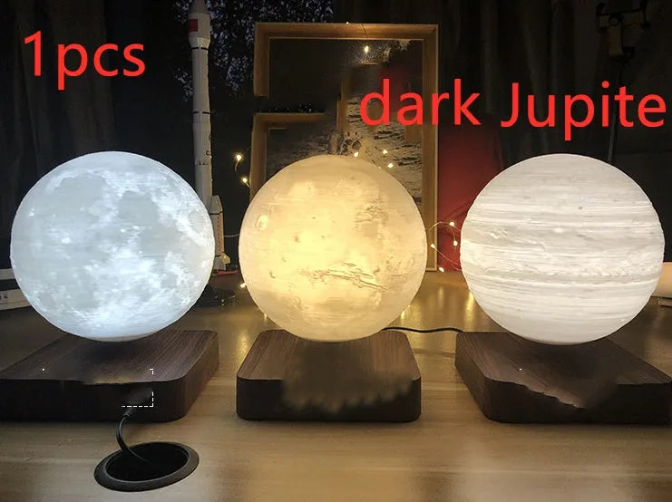 Magnetic levitation moon night light with 14cm 3D-printed planet suspended above a dark peach wood base