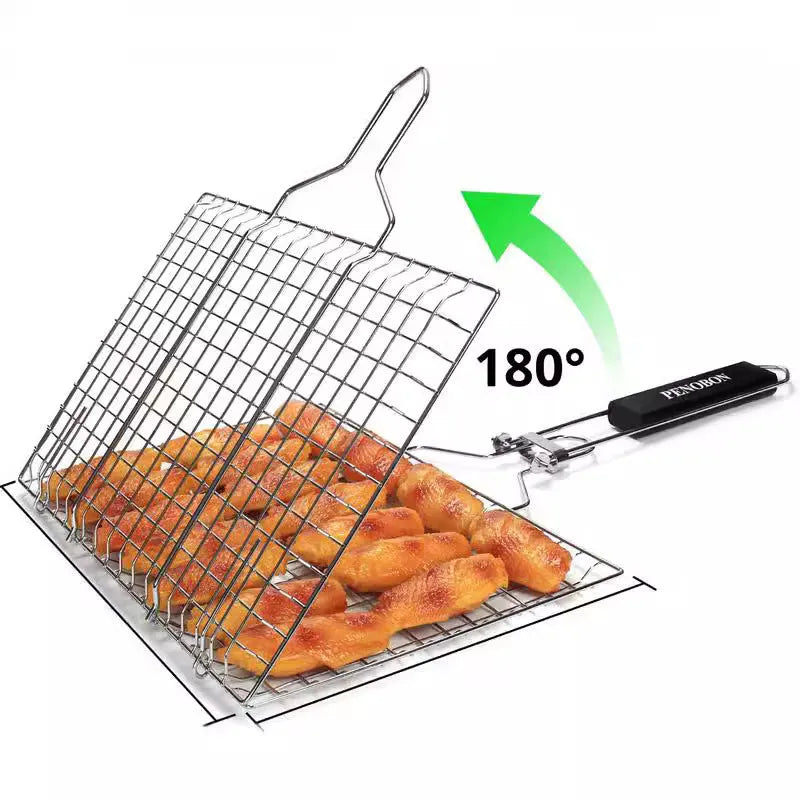 Square folding stainless steel barbecue grill mesh basket with a cleaning brush.