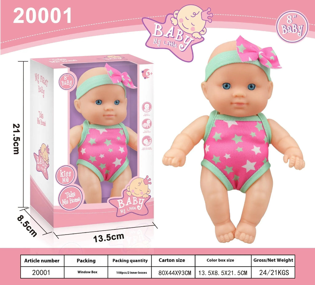 A 21.5cm tall simulation baby vinyl figurine doll on display, showing detailed sculpting.