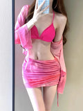 Women's blue high-waist bikini four-piece swimsuit set with shirt, bra, underwear and skirt