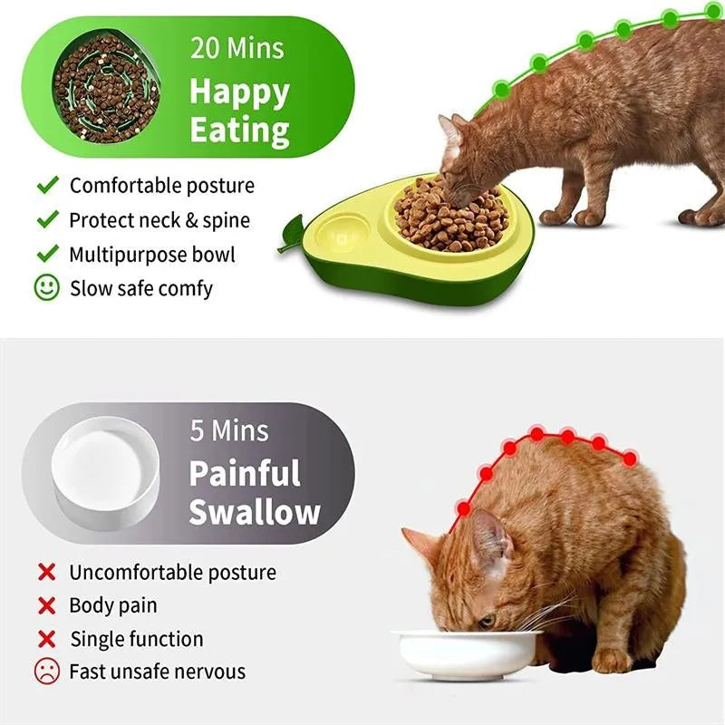 Avocado shaped automatic cat water dispenser and slow feeder bowl set