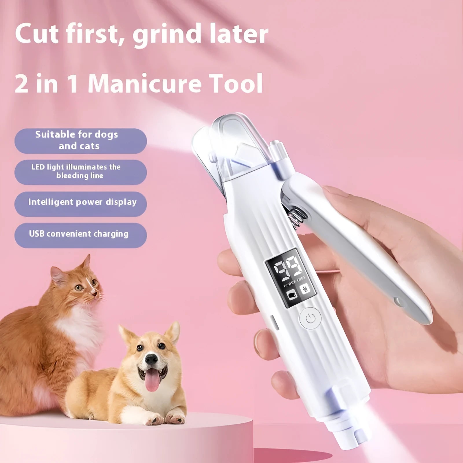 HZ8 White model battery-powered dog nail clippers with integrated piercing device.