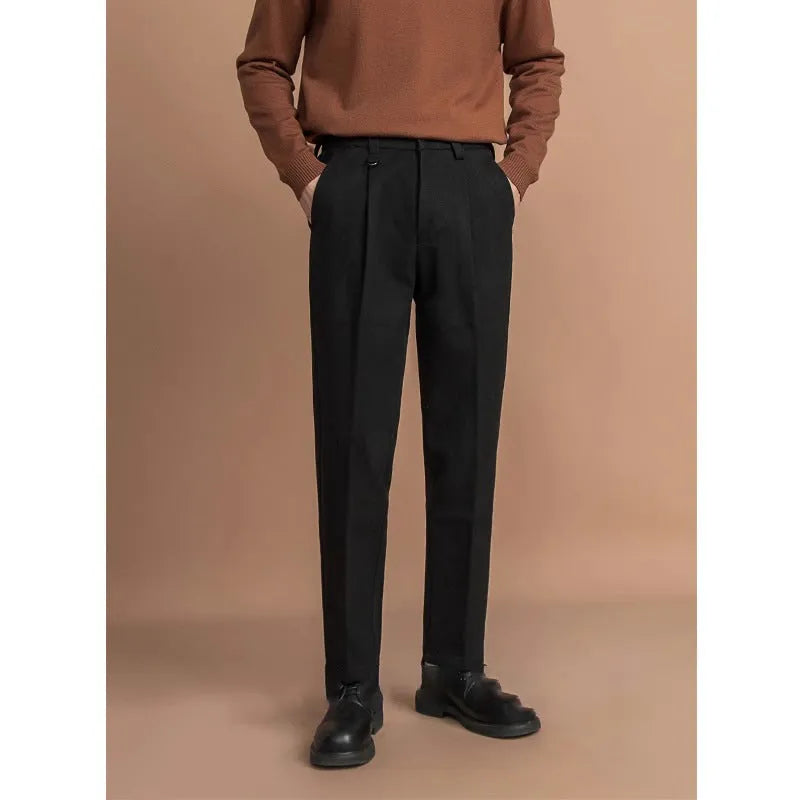 Men's straight-leg suit trousers in polyester for business casual wear, shown in khaki colour.