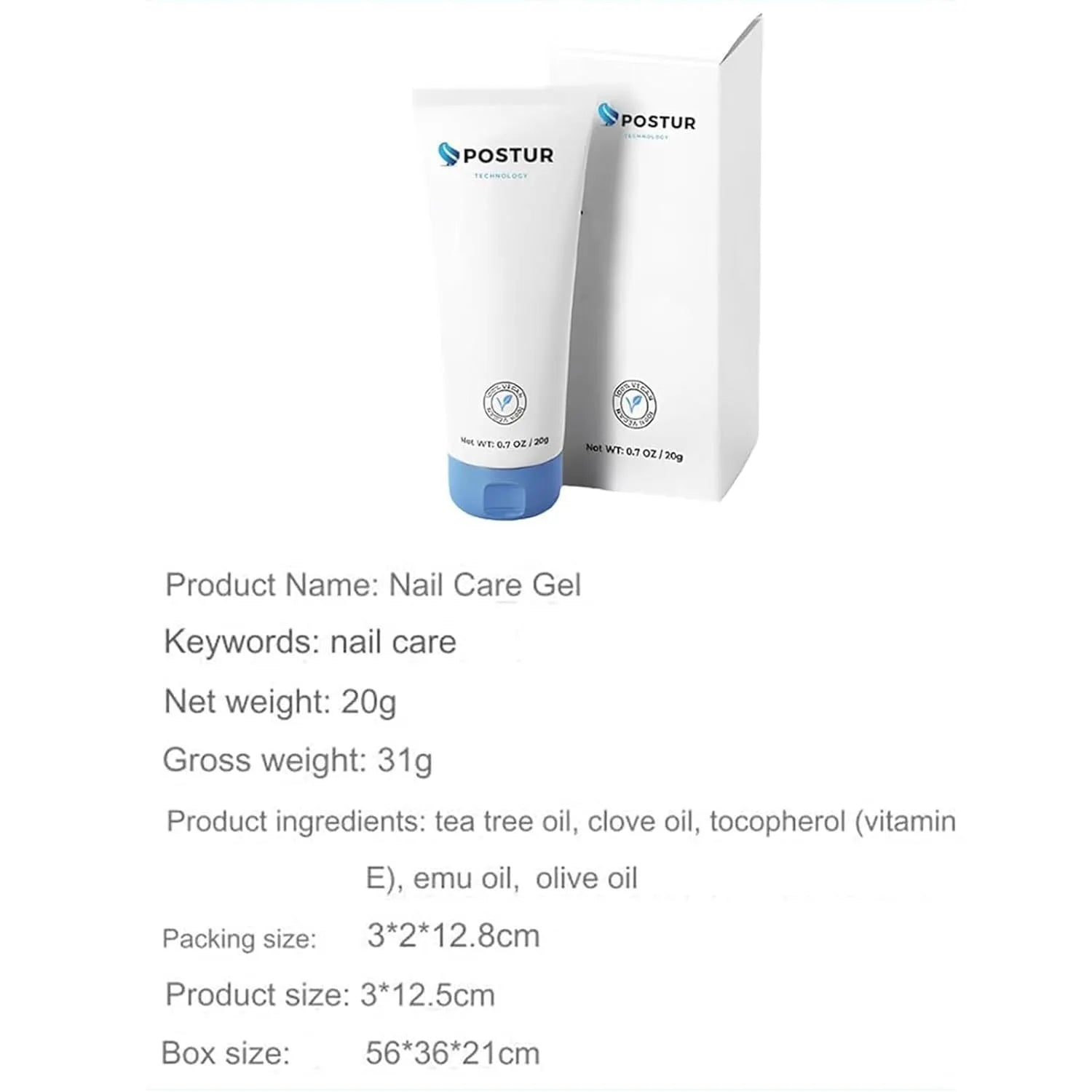 20g nail gel care tool showing compact 3x2x12.8cm dimensions for manicure applications