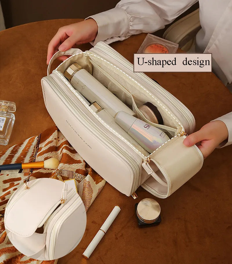Three-layer double zipper U-shaped cosmetic bag in PU leather for make-up storage