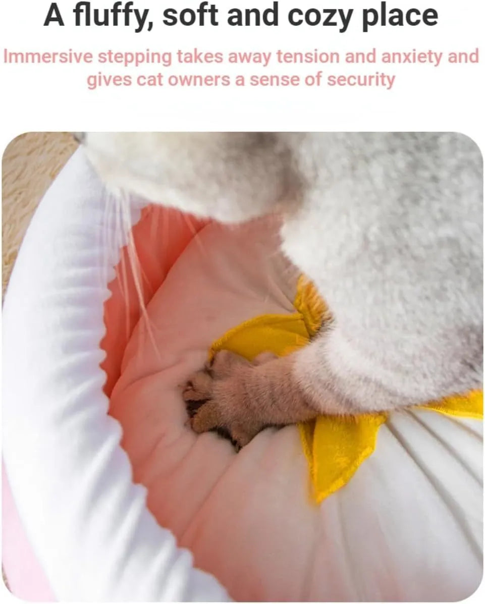 Pink honey pot shaped cat sofa bed with a soft fabric texture and a removable inner cushion.