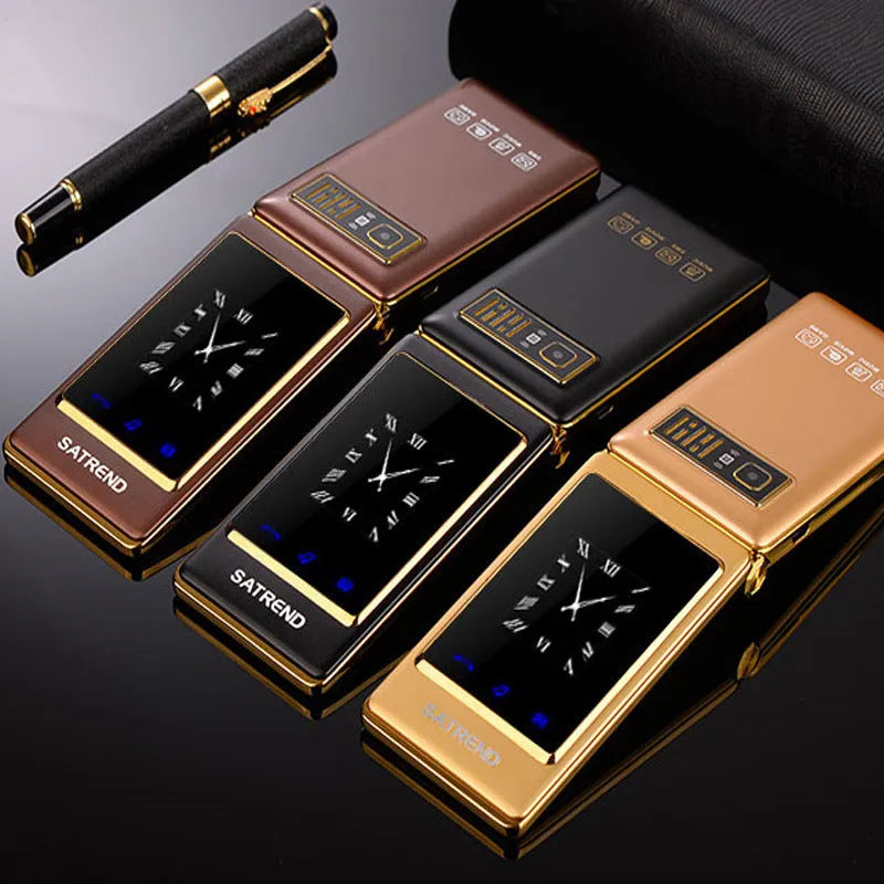 Dual screen flip phone in black, gold, or coffee colour with 3-inch touch display