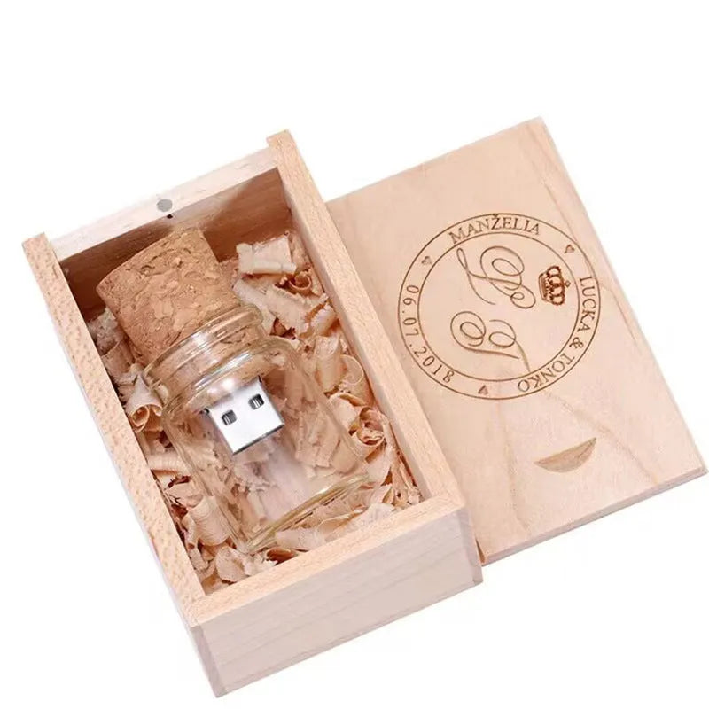 Transparent wooden wish drift bottle containing a USB flash drive on a white background.
