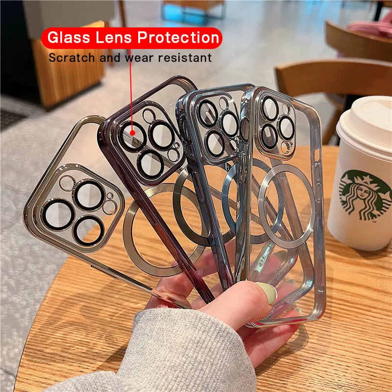 Electroplated silicone iPhone case with integrated camera lens protector shown in transparent finish