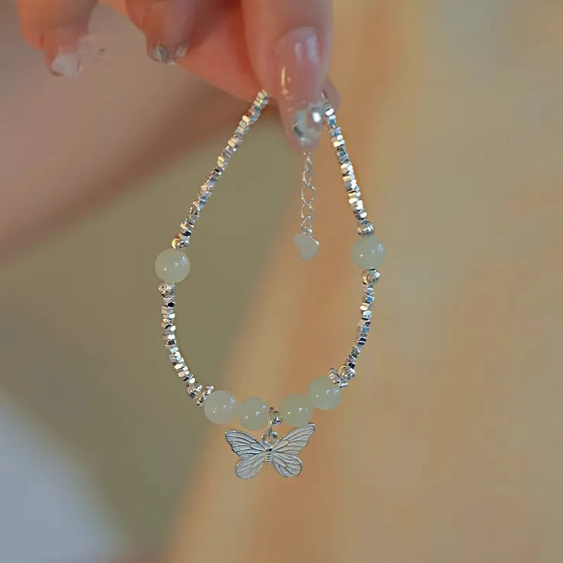 Hetian jade and silver butterfly bracelet and necklace set for women on electroplated copper