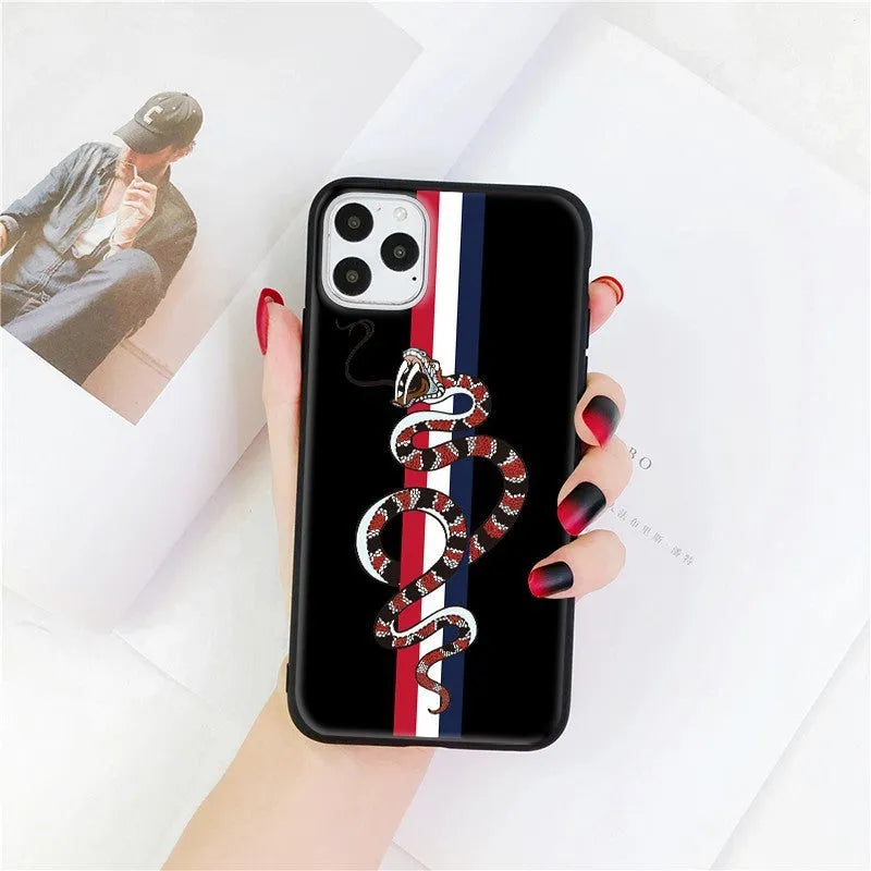 Black frosted silicone iPhone case with cartoon snake UV painting design on back