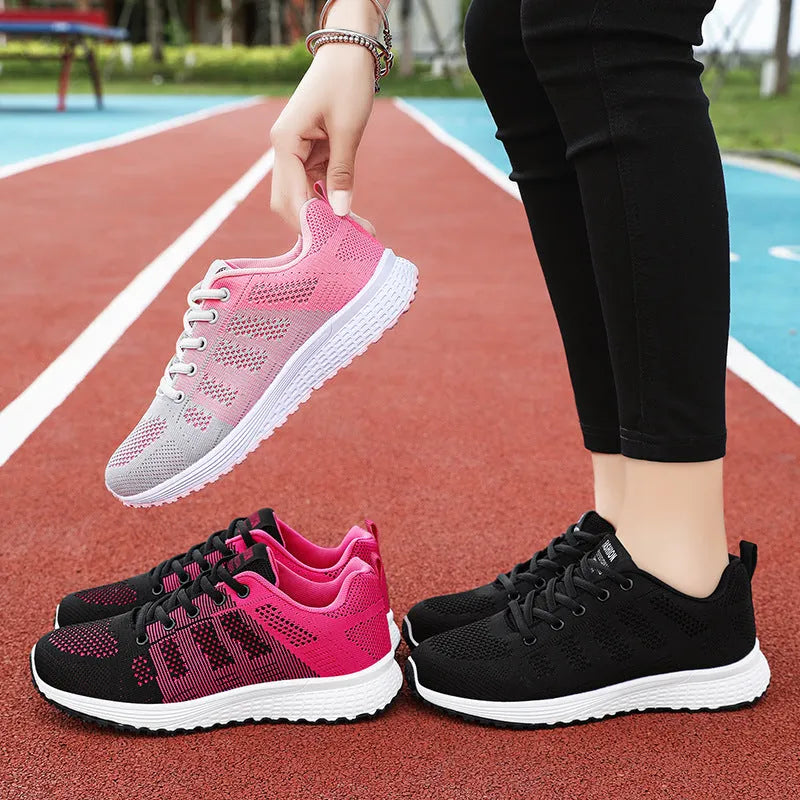 Women's Flyknit running shoes in black, rose red, or grey pink with soft sole and lace-up front.