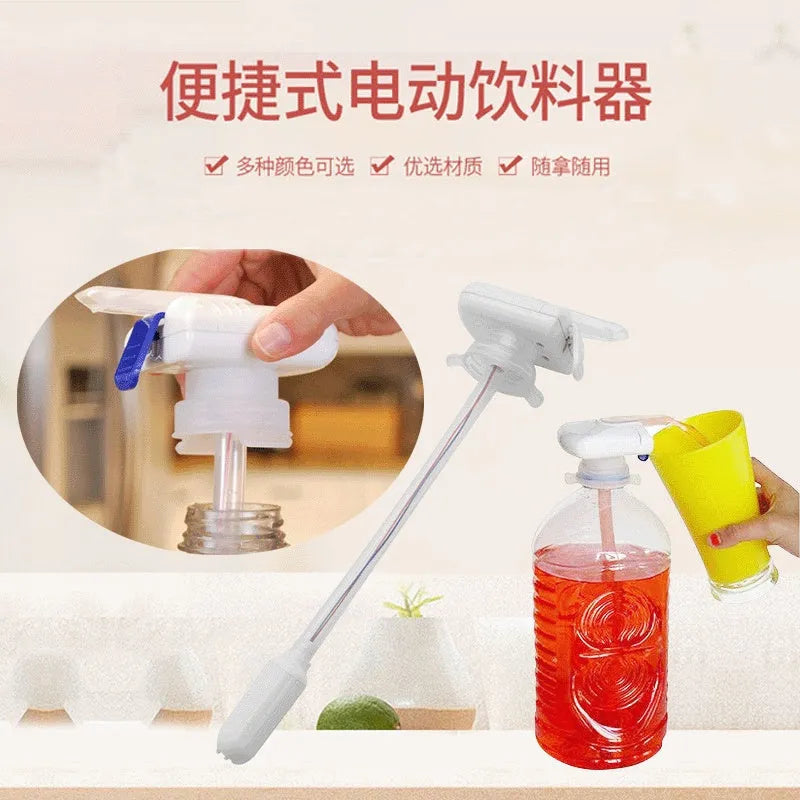 Electric pumping water device with long silicone straw and blue press handle in colour box.