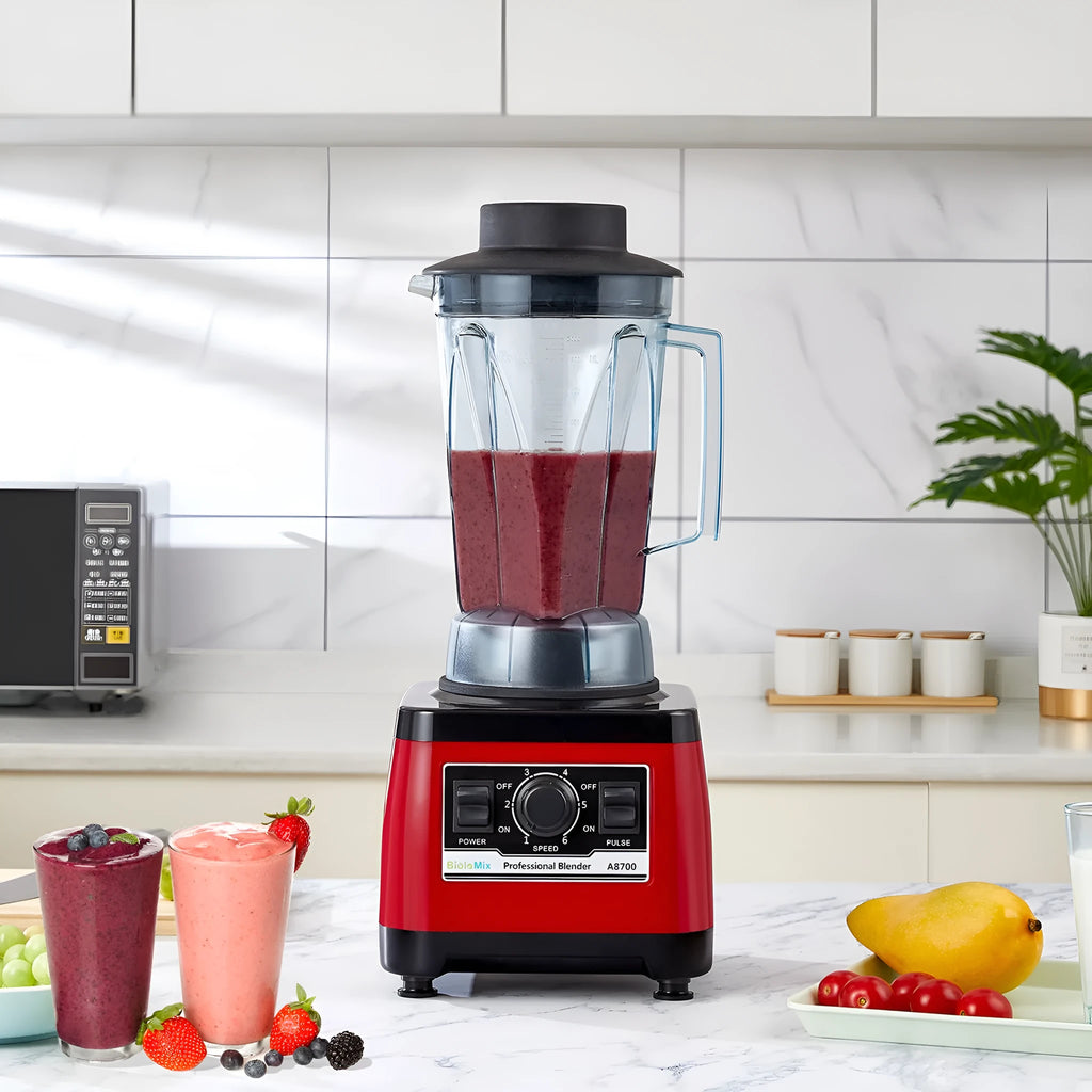 Red commercial blender with 2200W motor and 2L capacity for professional catering use