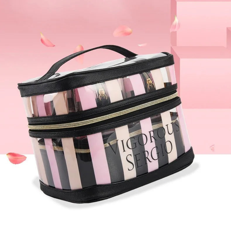Buggy Bag multifunctional folding makeup kit in pink bold stripes with floral pattern