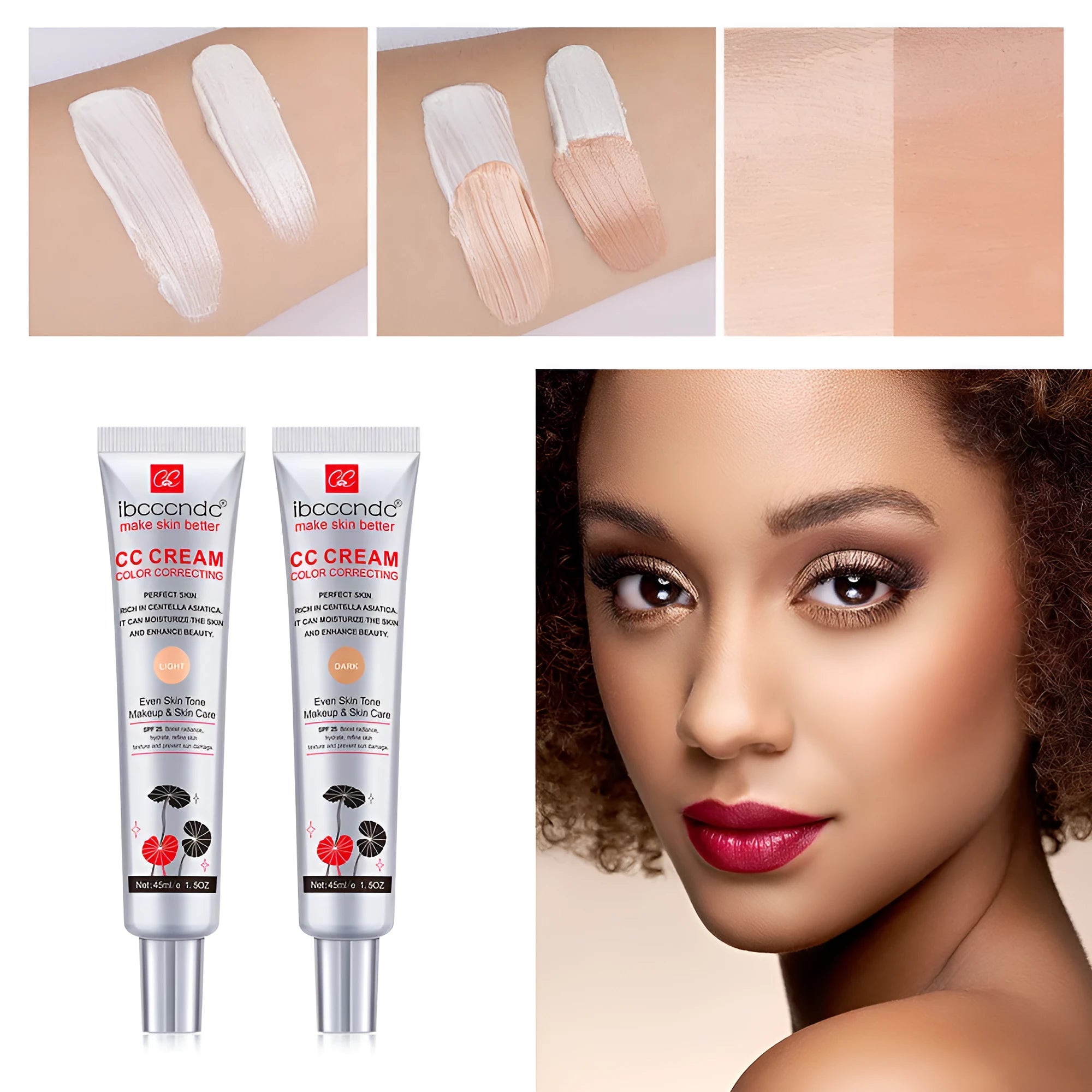 Erborian Centella Asiatica CC Cream tube in dark and light shades for colour-correcting makeup