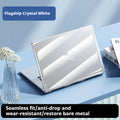 Transparent plastic protective shell for MacBook Air and Pro laptop on a table.