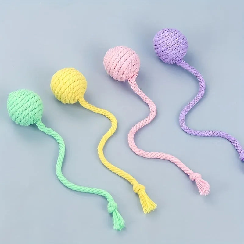 Cat toy ball with integrated rope and bell in green pink purple yellow colours
