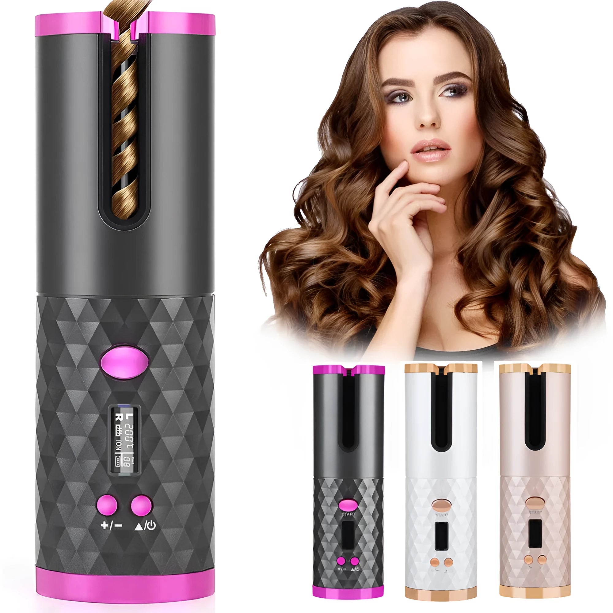 Rechargeable automatic rotating hair curler with LCD display in pink, grey, white, or black.