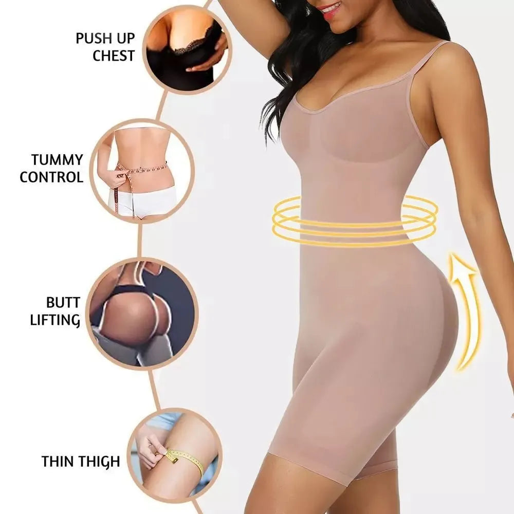 Body-shaping corset jumpsuit in black with seamless design, belly contracting, and chest support for full torso shaping