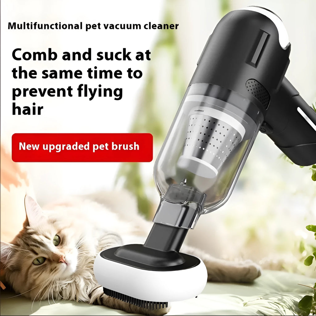 Handheld wireless pet fur vacuum cleaner with multiple attachments including flat nozzle, brush and floor brush