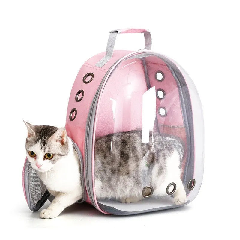 Grey astronaut dome-shaped cat carrier bag with a side opening for pet access.