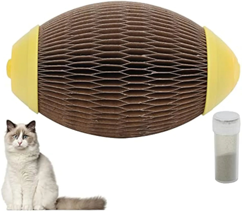 Green ellipse‑shaped corrugated paper catnip ball toy with scratch surface on a white background