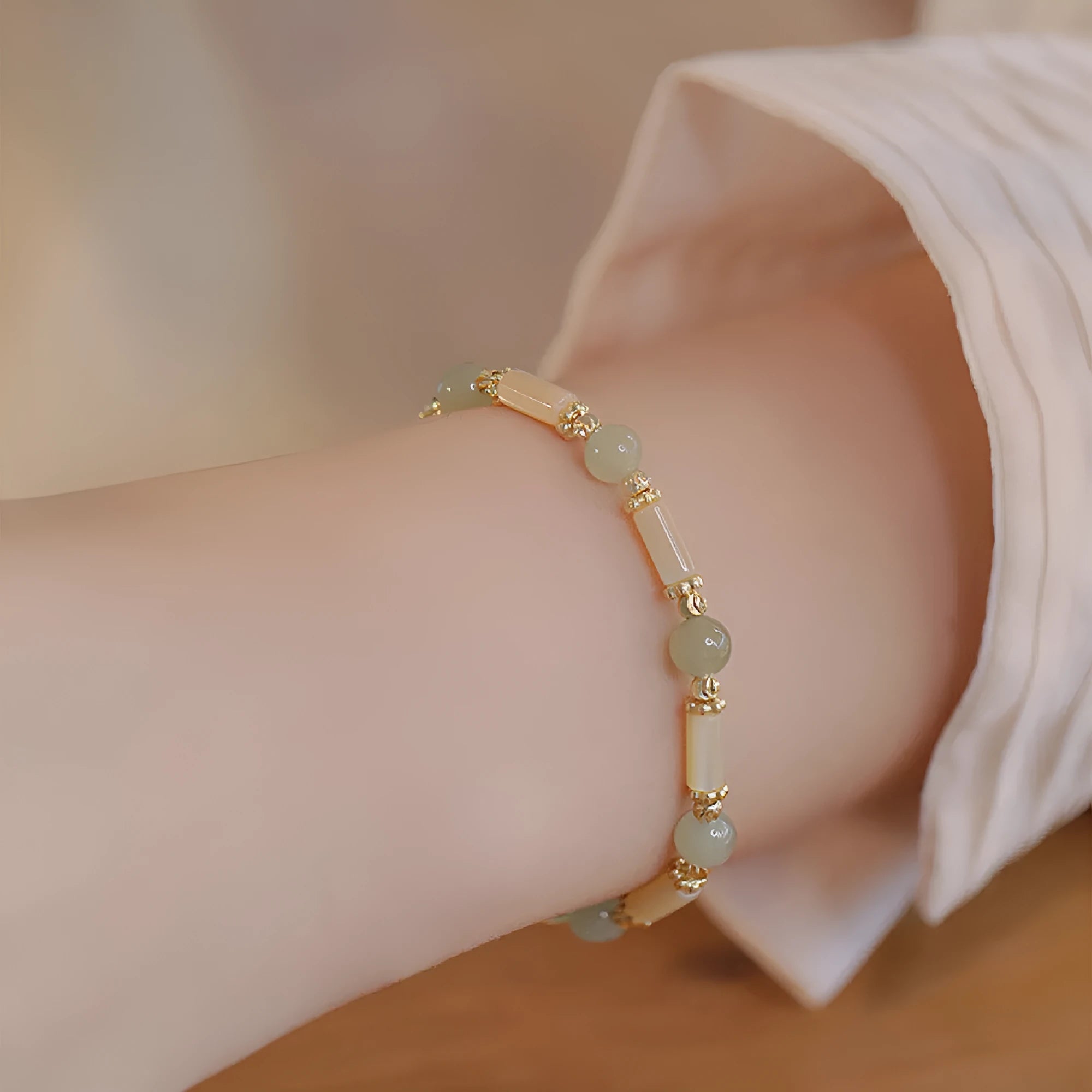 Women's bamboo bracelet with 6mm Hetian jade beads and bamboo joint decorative elements