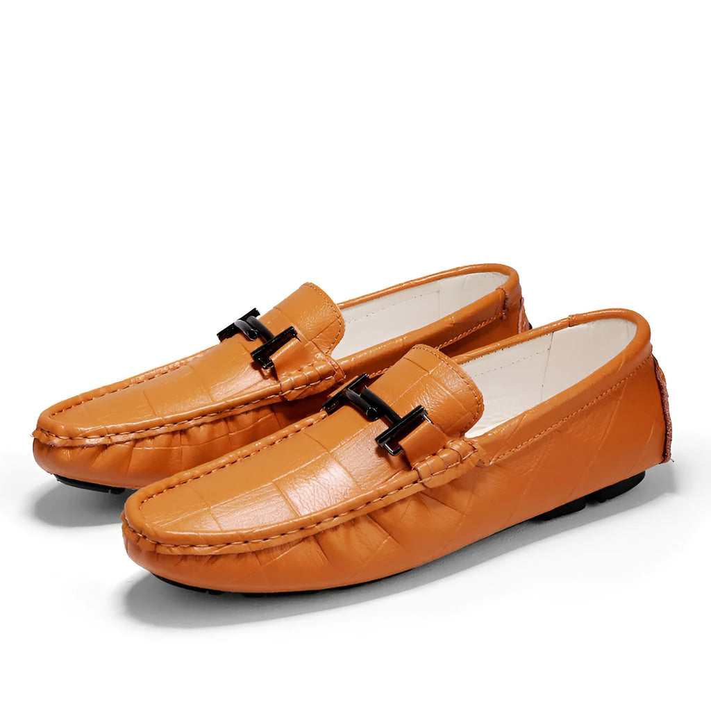 Men's brown leather casual shoes with belt buckle and flat rubber sole