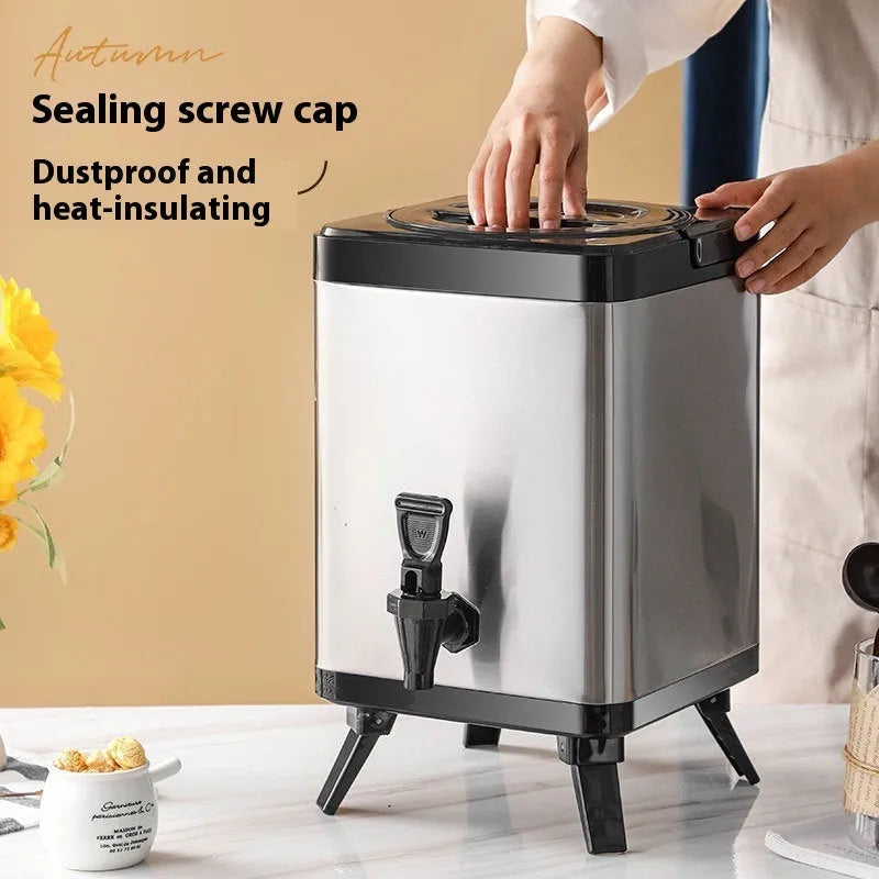 Silver stainless steel milk tea bucket with square lock design and carrying handle