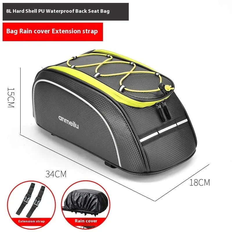 Waterproof black bicycle rack bag with 8L capacity mounted on bicycle rear rack