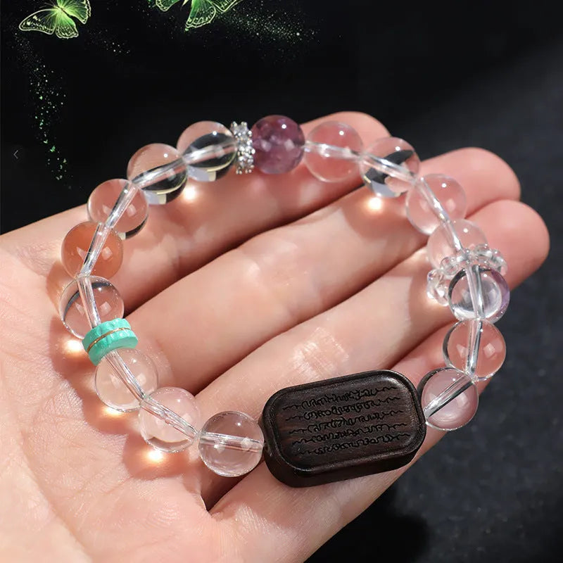 Handmade natural white crystal ebony bracelet with five warp ethnic design