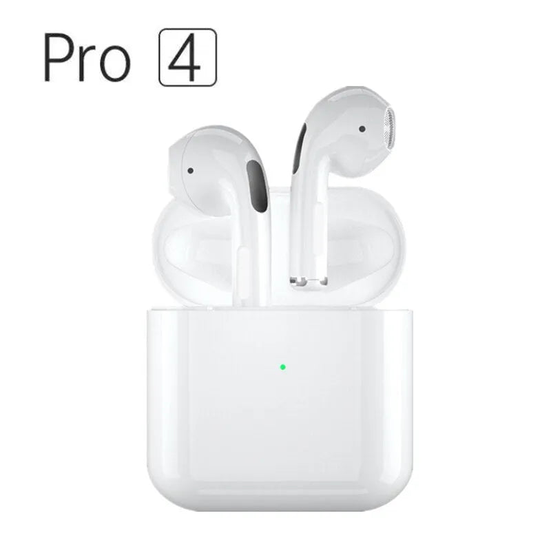 Pro4 Black and White wireless Bluetooth in-ear sports headphones with charging case.
